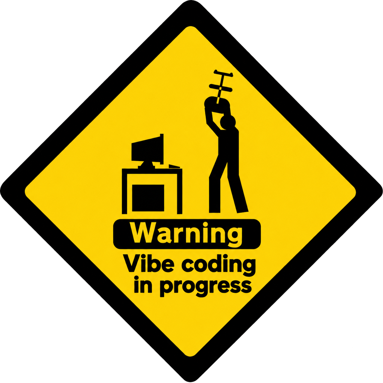Warning: Vibe coding in progress. A programmer raises a chair over a computer.