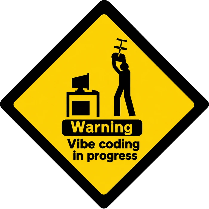 Warning: Vibe coding in progress. A programmer raises a chair over a computer.