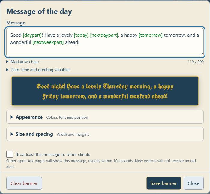 The banner editor previews greeting variables and groups appearance and spacing controls. The example remains unpublished until Save banner is confirmed.