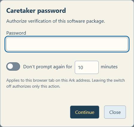 Caretaker authorization is requested on demand. The optional switch remembers the password for the selected number of minutes in this browser tab.