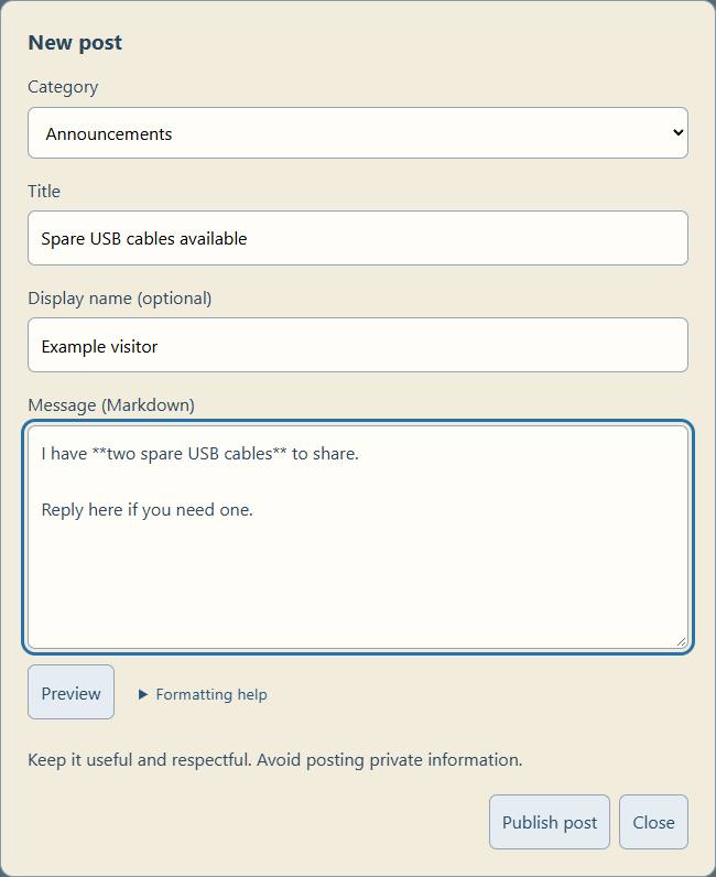 The New post dialog includes category, title, optional name and Markdown message fields. This illustrative draft has not been posted.
