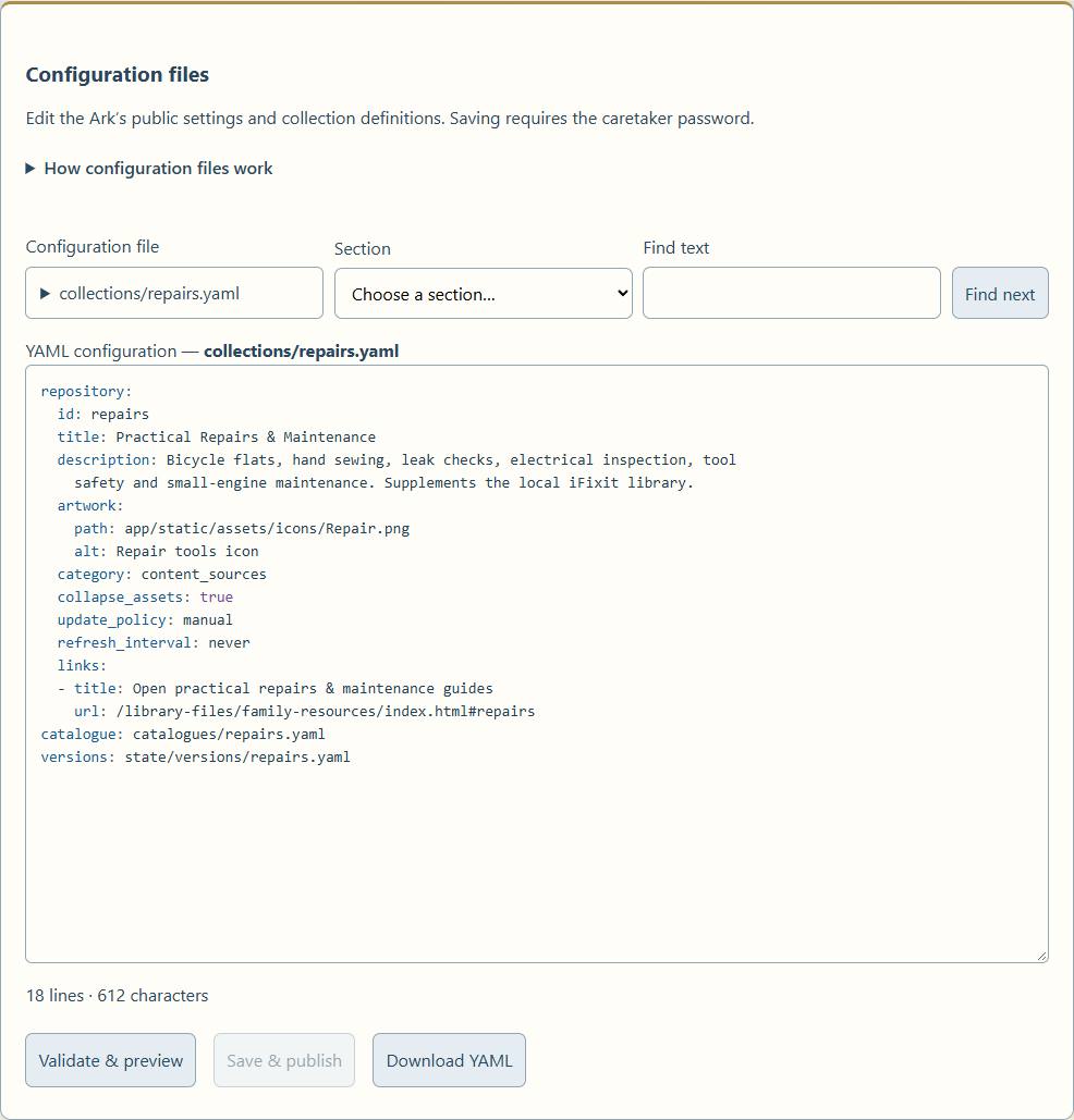 The selected filename stays visible above syntax-colored YAML. Reading and switching files do not require the caretaker password.