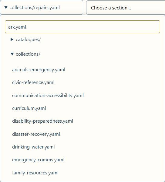 The configuration file picker uses expandable folders. This example selects the public repair-guides collection.