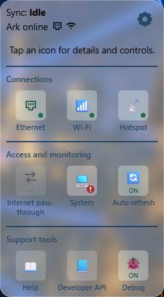 The expanded Settings panel groups connections, monitoring and support tools. Status values shown are examples.