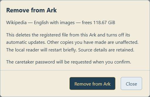 Review the named collection and space to be freed before confirming removal. Opening this dialog does not remove anything.