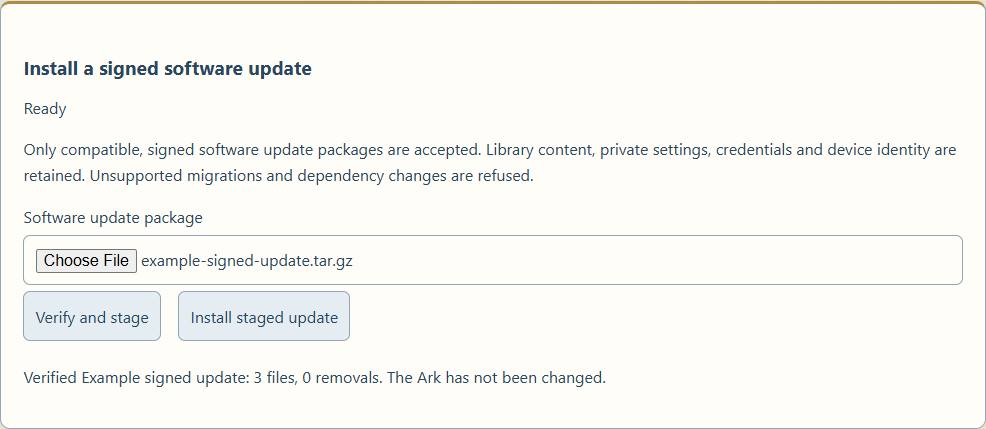 Illustrative verified-package preview: review the file counts before the separate Install staged update action. This example is not a published release.