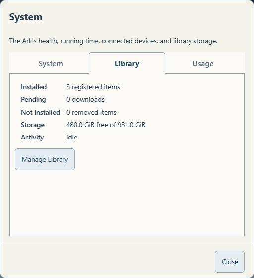 Manage Library is on the Library tab of the System pop-up. Counts and storage in this example are illustrative.